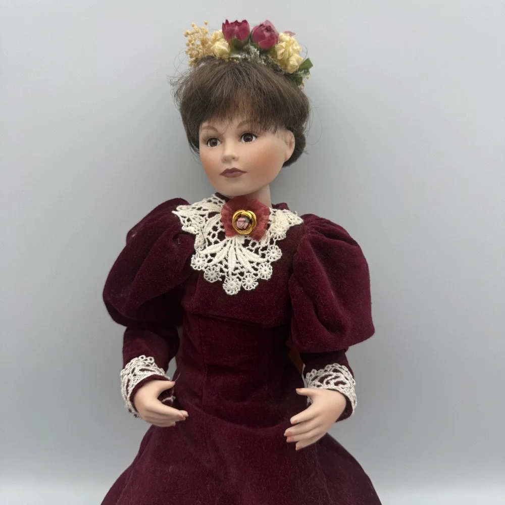 Vintage‎ Porcelain Doll Victorian Burgundy Velvet Dress Floral Hairpiece W Chair